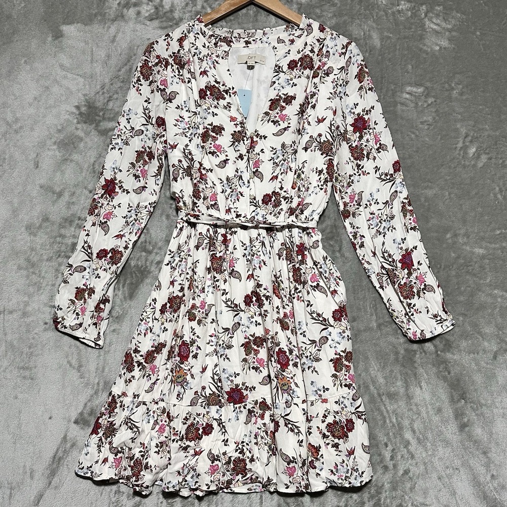 NWT Loft Ditzy Floral Belted Smocked Peasant Button Front Dress Womens PM Lined